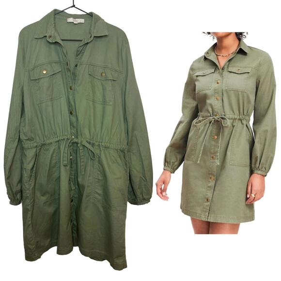 LOFT Dresses & Skirts - Loft Women's Sz 2XLT Olive Green Button Pocket Long Sleeve Shirt Dress (1896)